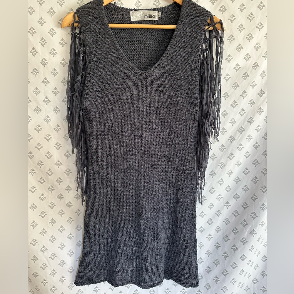 Miilla Blue Gray Knit Fringe Tunic Dress